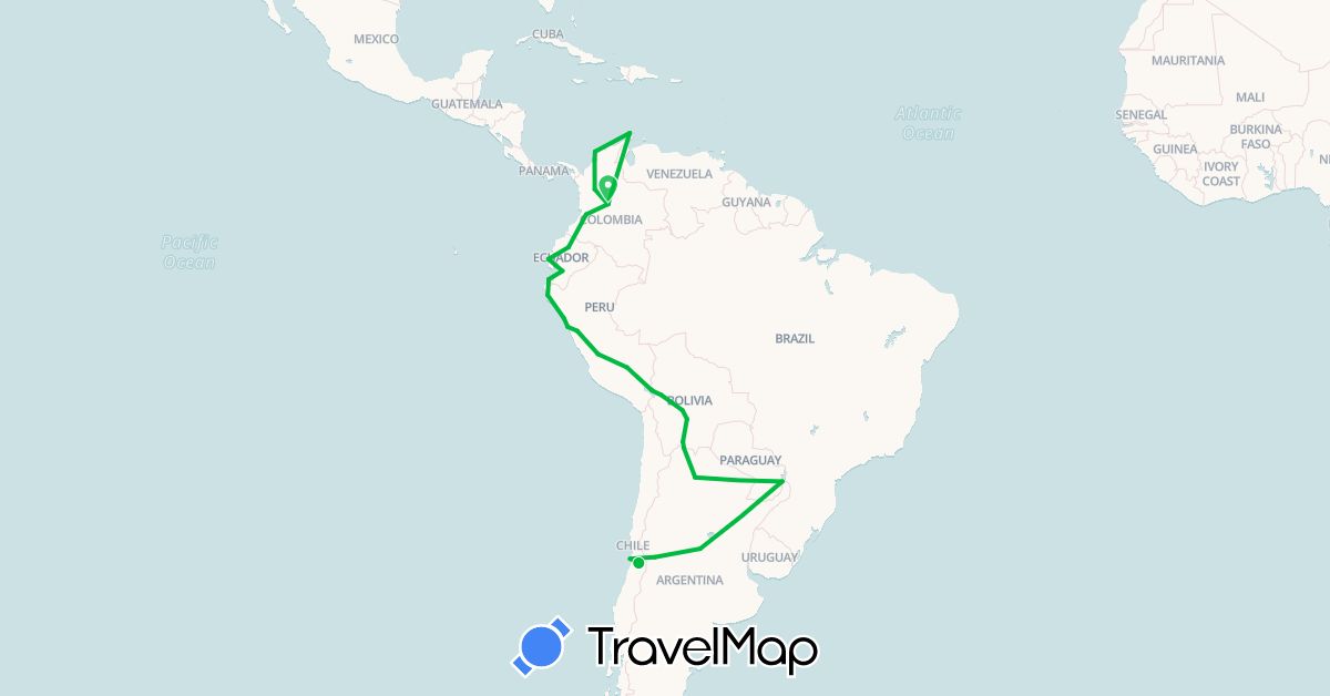 TravelMap itinerary: driving, bus in Argentina, Bolivia, Chile, Colombia, Ecuador, Peru, Paraguay (South America)